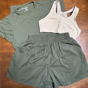 Three Sets of Green Activewear Set with Beige Sports Bra
